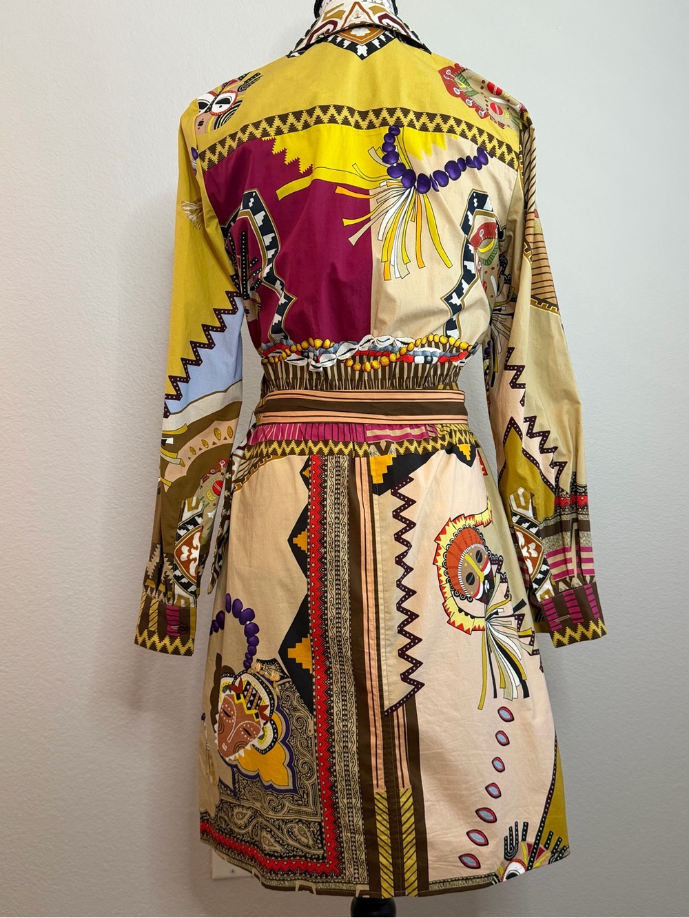Etro Folk Mask Print Belted Cotton Shirt Dress IT 44 US 8 Made in Italy - Picture 3 of 10